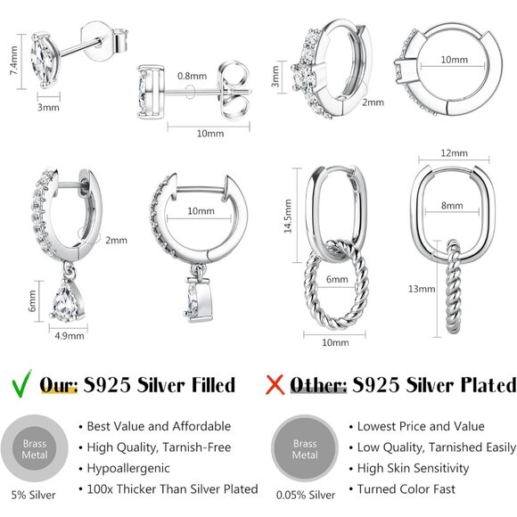 Hypoallergenic Women's Silver Earring Collection - 4 Pairs in Stylish Designs - Picture 6 of 6